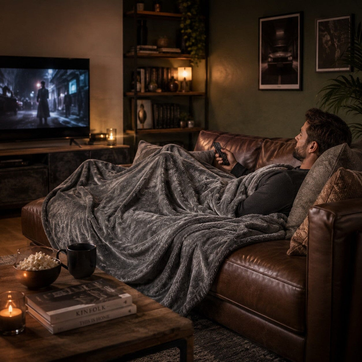 Couverture polaire grise Douce Étreinte 100x150 cm couvrant un homme installé sur un canapé en cuir pour une soirée cinéma