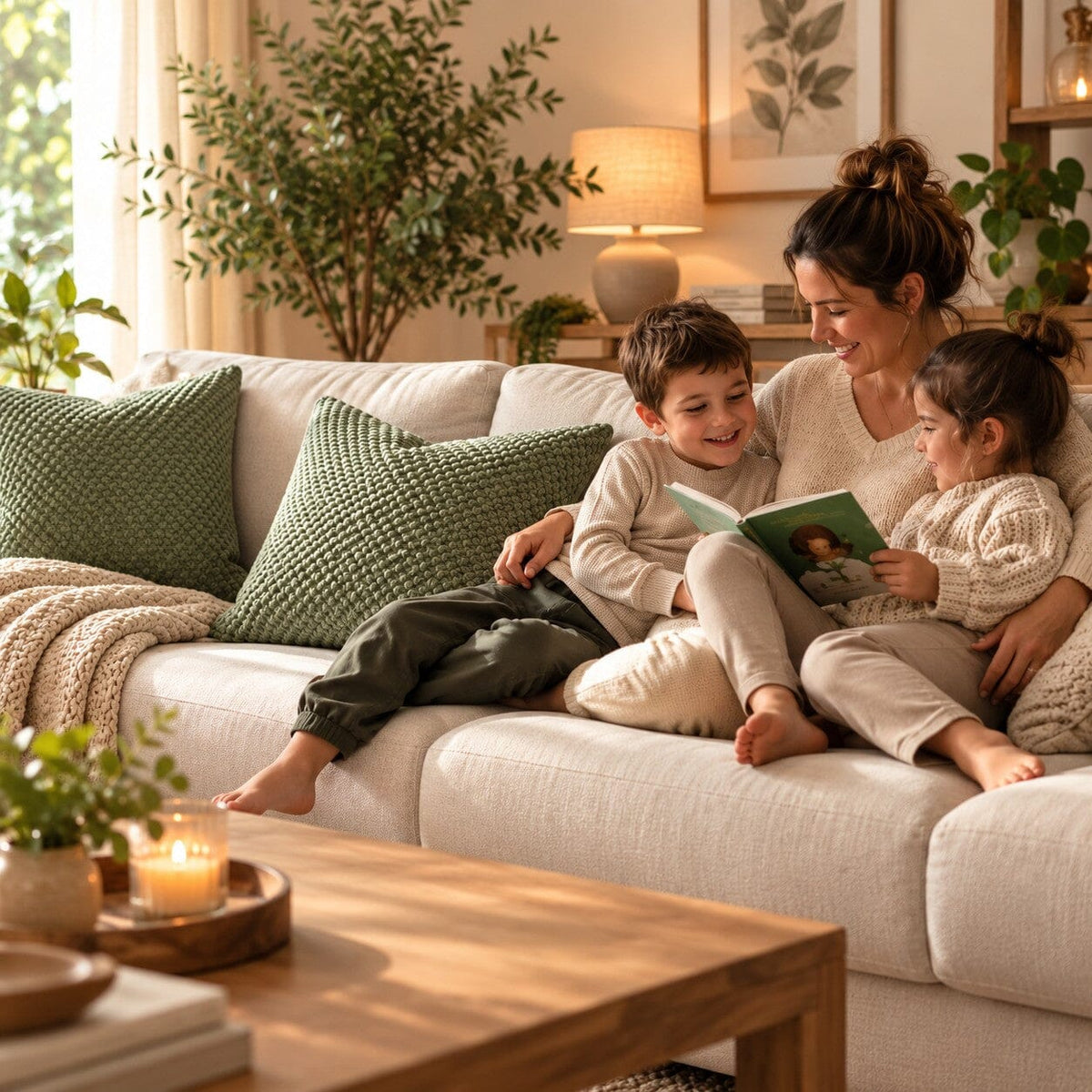 Housse de coussin vert sauge Cocon Naturel dans un salon chaleureux avec une mère et ses deux enfants lisant sur le canapé.