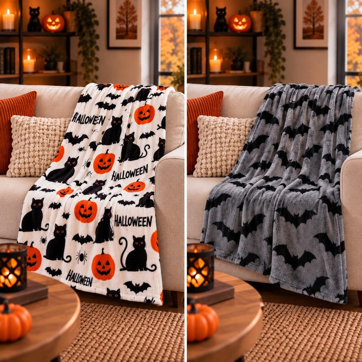 Plaid Halloween Nuit Ensorcelée présenté dans deux ambiances de salon, avec une variante chats, citrouilles et sorcières et une variante grise à motifs chauves-souris