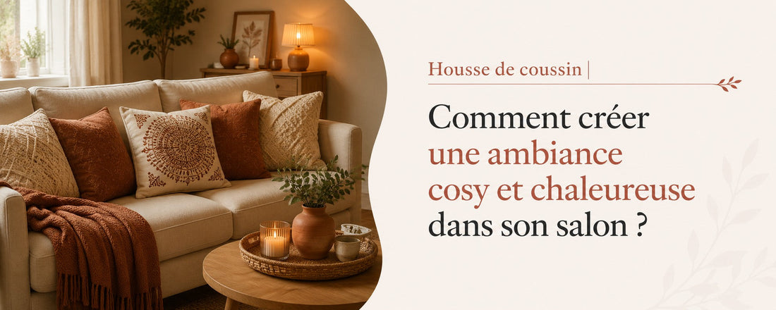 Housse de coussin et salon cosy aux tons chaleureux pour créer une ambiance conviviale