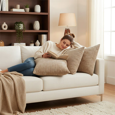 Femme allongee sur housse de coussin 60x60 beige sur canape