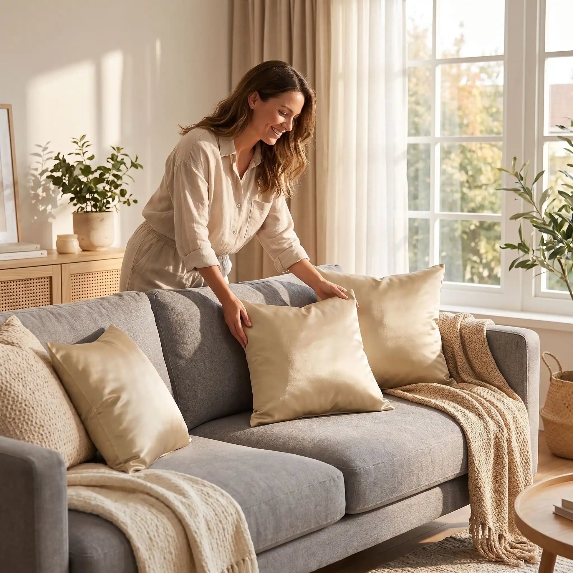 Femme installe housse de coussin 40x40 champagne sur canape