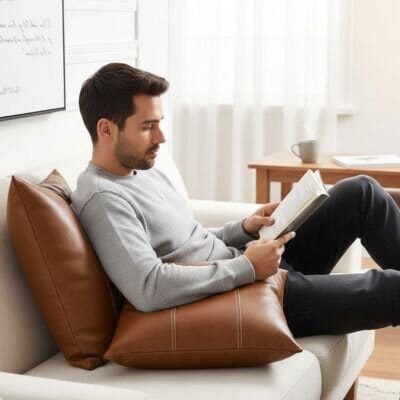 Homme-allongé-sur-taie-de-coussin-cuir-caramel-en-train-de-lire