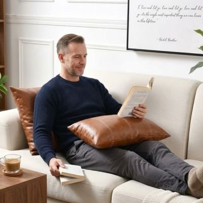 Taie de coussin homme lit sur canape avec café