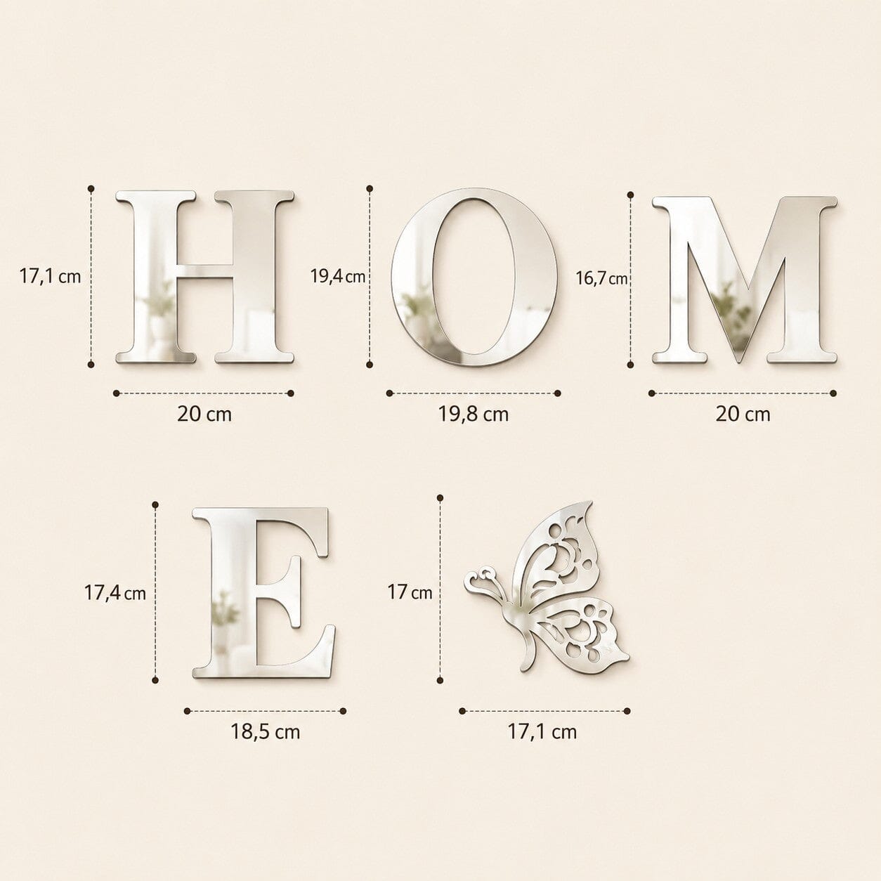 Autocollant mural HOME effet miroir avec dimensions des lettres en centimètres