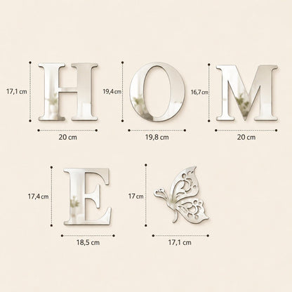 Autocollant mural HOME effet miroir avec dimensions des lettres en centimètres