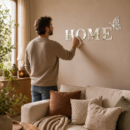 Autocollant mural HOME effet miroir facile à nettoyer dans un salon chaleureux