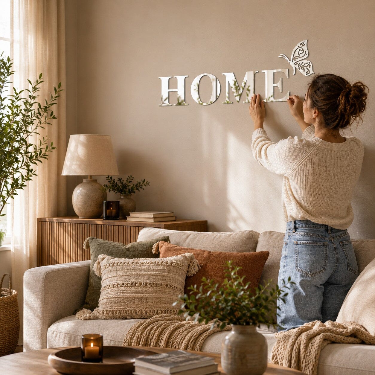 Autocollant mural HOME effet miroir en cours de pose dans un salon chaleureux