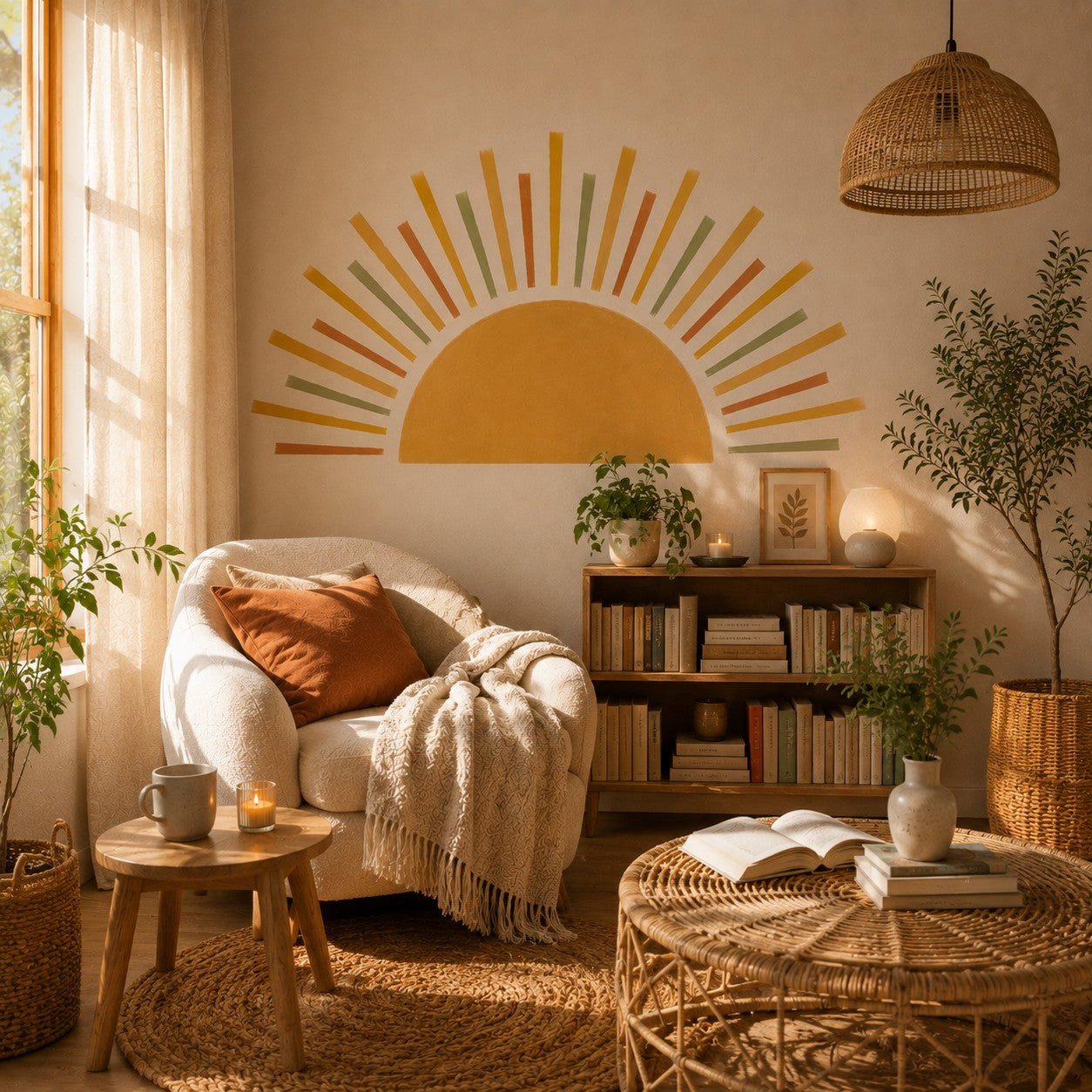 Coin lecture chaleureux baigné de lumière douce avec autocollant mural Soleil Bohème.