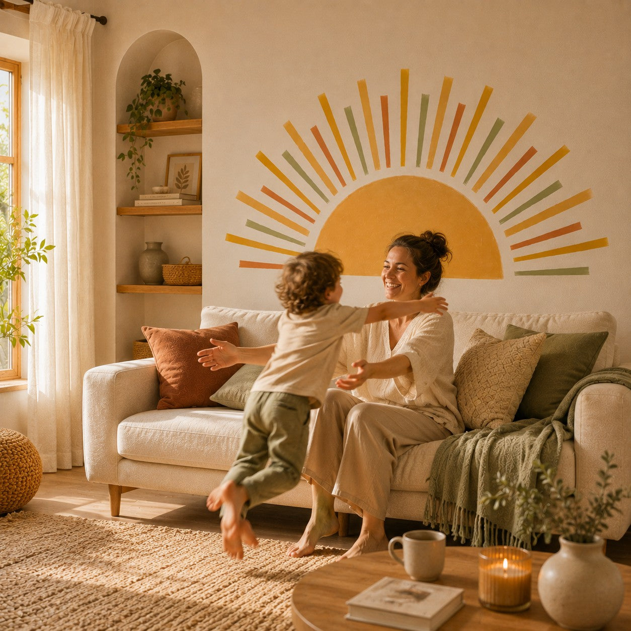 Enfant faisant un câlin à sa maman dans un salon chaleureux décoré avec l’autocollant mural Soleil Bohème.
