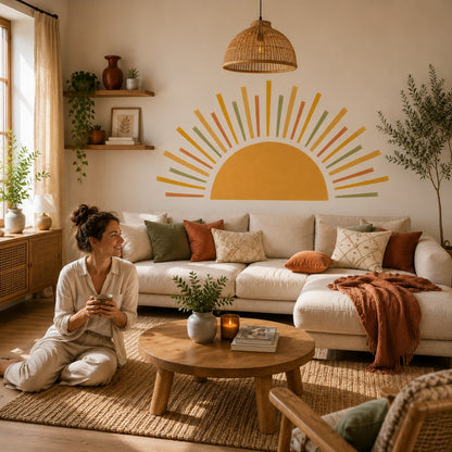 Femme profitant d’un salon lumineux et chaleureux décoré avec l’autocollant mural Soleil Bohème.
