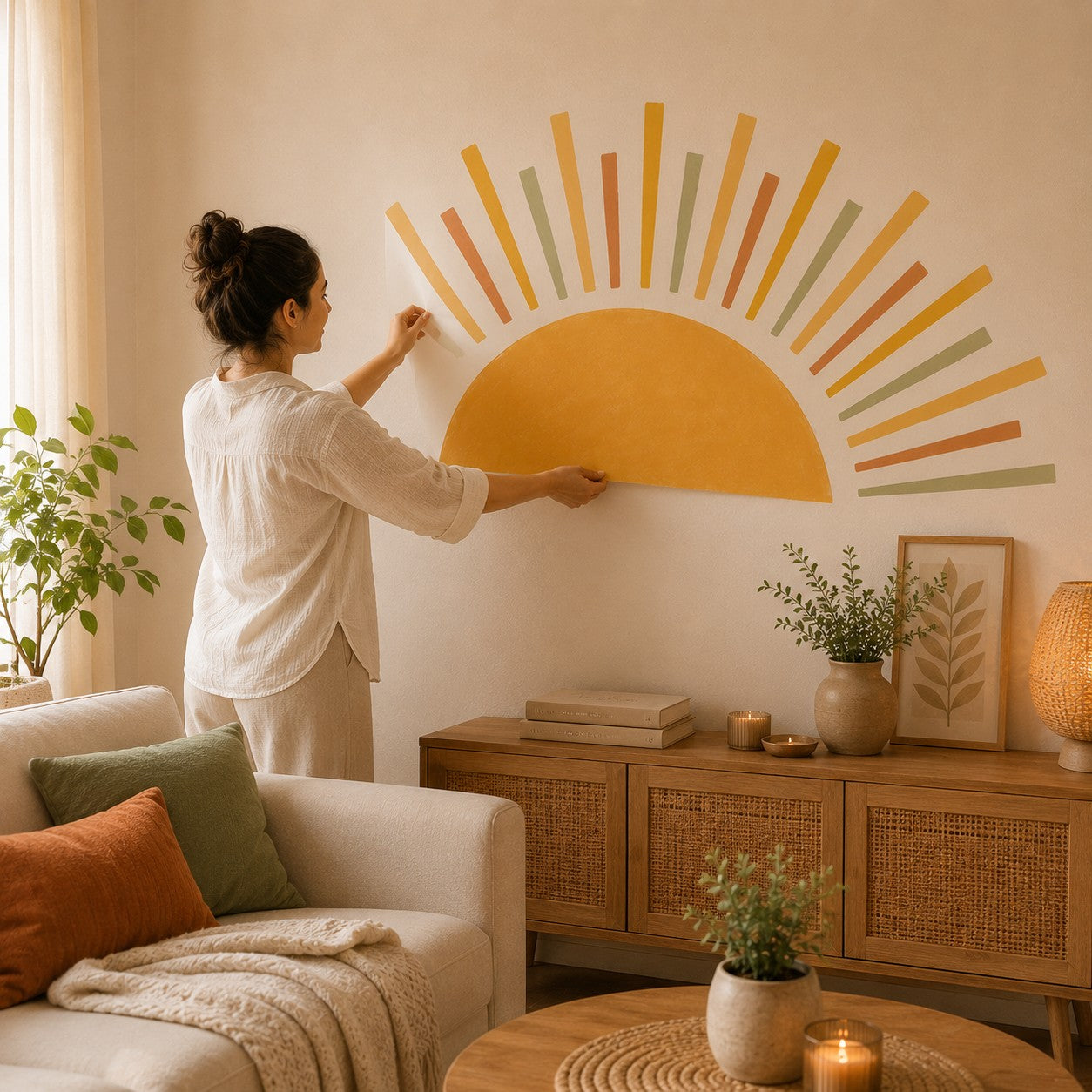 Femme posant un autocollant mural Soleil Bohème sur le mur d’un salon chaleureux.