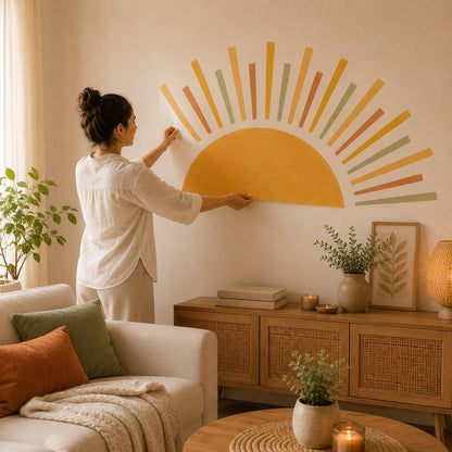 Femme posant un autocollant mural Soleil Bohème sur le mur d’un salon chaleureux.