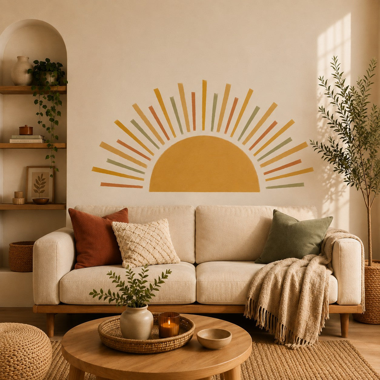 Autocollant mural Soleil Bohème aux tons terracotta, moutarde et vert sauge dans un salon chaleureux