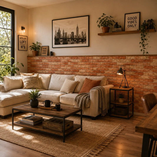 Autocollants muraux effet briques terracotta sur le bas d'un mur dans un salon chaleureux
