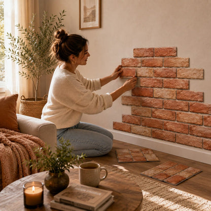 Autocollants muraux Briques Terracotta en cours de pose dans un salon chaleureux