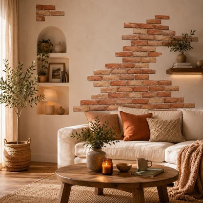 Autocollants muraux effet briques terracotta dans un salon chaleureux et naturel