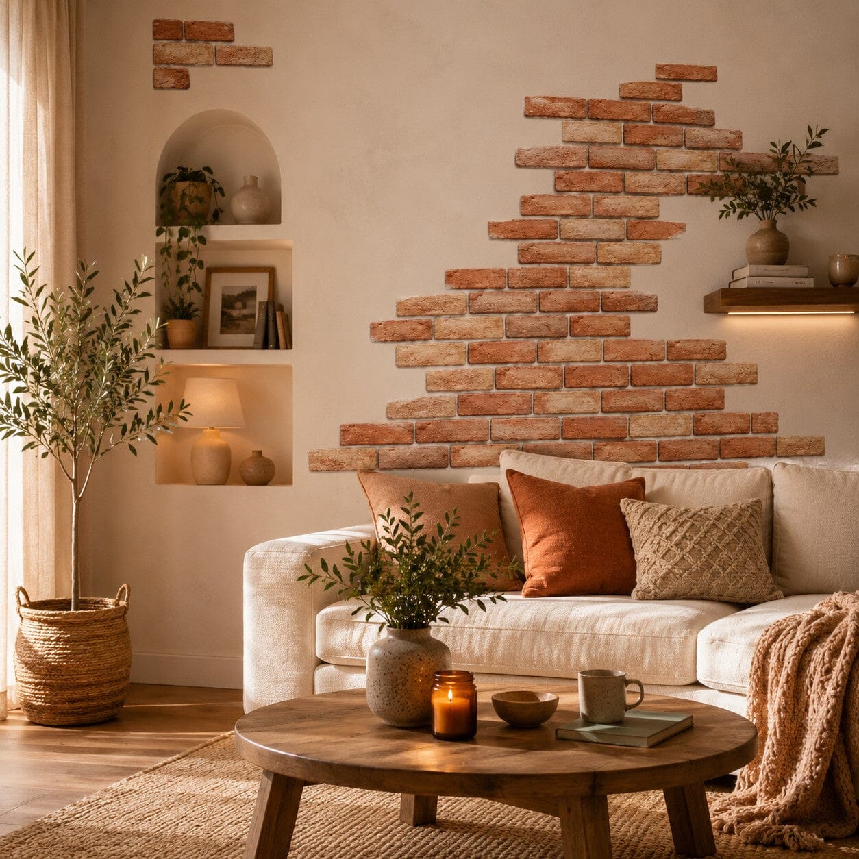 Autocollants muraux effet briques terracotta dans un salon chaleureux et naturel
