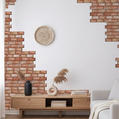 autocollants muraux effet brique derriere table basse
