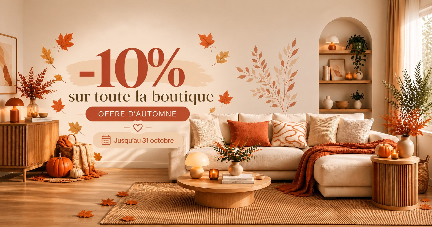 Bannière promotionnelle d’automne Déco Unique avec une réduction de 10 % sur toute la boutique pour Halloween, dans un salon chaleureux aux tons beige, terracotta et orange, décoré de coussins, d’un plaid, de citrouilles et de feuillages automnaux.