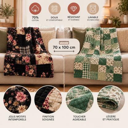 Caractéristiques de la couverture matelassée Charme d’Antan 70 x 100 cm avec ses deux modèles vert floral et noir floral