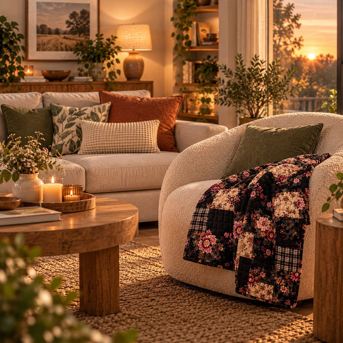 Couverture matelassée noire à motifs floraux et patchwork posée en jeté sur un fauteuil enveloppant dans un salon chaleureux aux teintes naturelles.