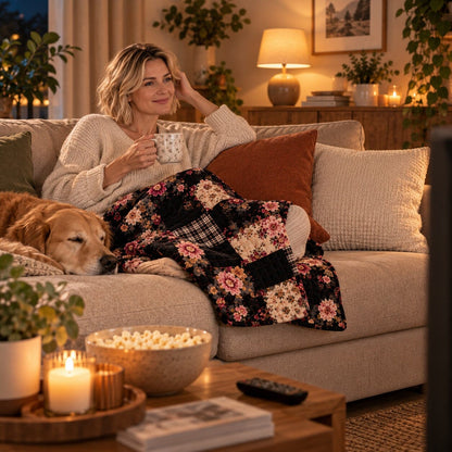 Couverture matelassée noire à motifs floraux et patchwork posée sur les jambes d’une femme lors d’une soirée cinéma dans un salon chaleureux, avec un chien à ses côtés.