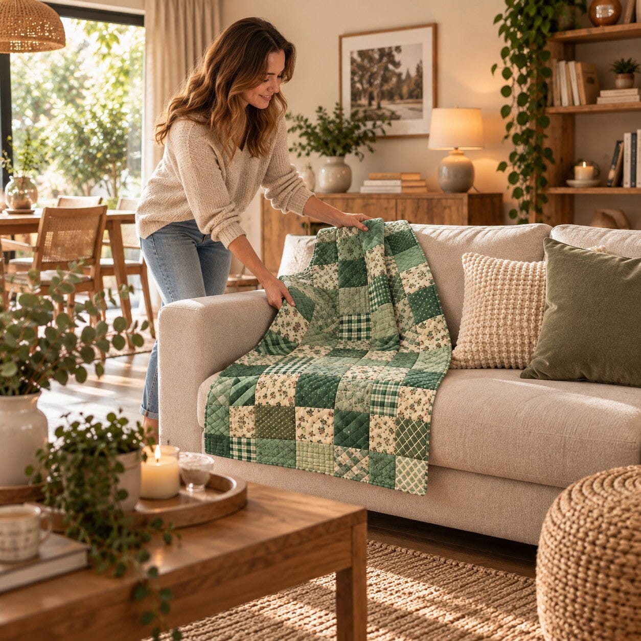 Couverture matelassée Charme d’Antan vert floral 70 x 100 cm installée sur un canapé beige dans un salon aux teintes naturelles et boisées