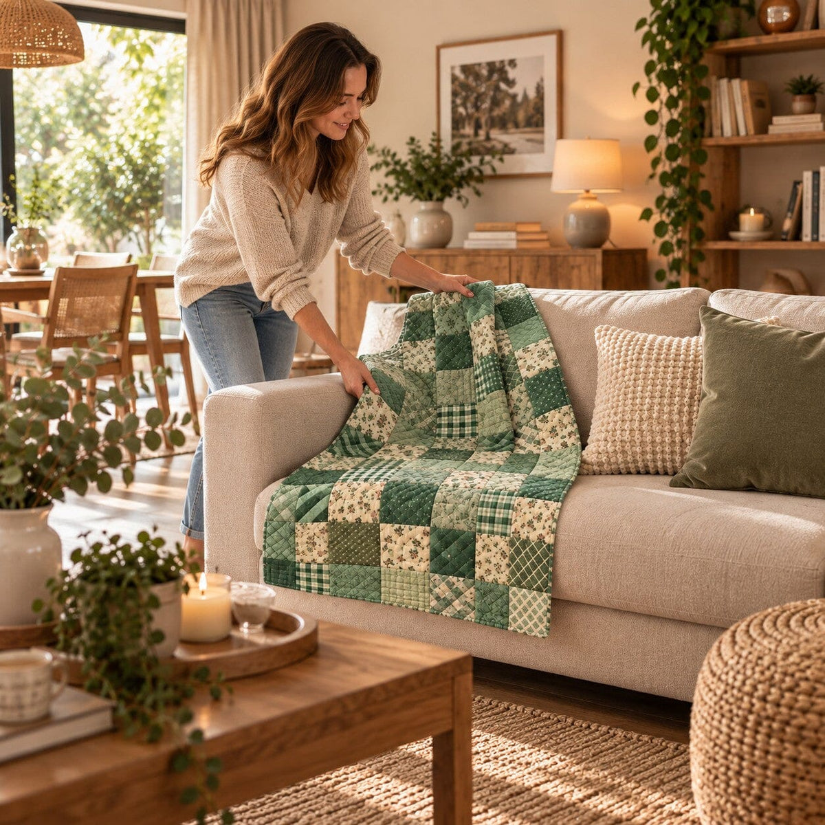 Couverture matelassée Charme d’Antan vert floral 70 x 100 cm installée sur un canapé beige dans un salon aux teintes naturelles et boisées