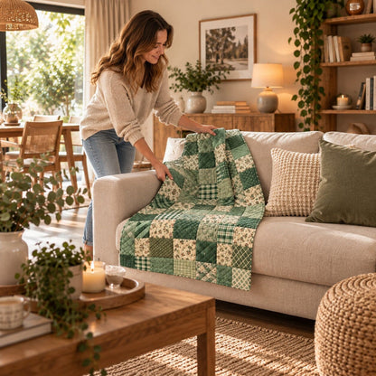 Couverture matelassée Charme d’Antan vert floral 70 x 100 cm installée sur un canapé beige dans un salon aux teintes naturelles et boisées