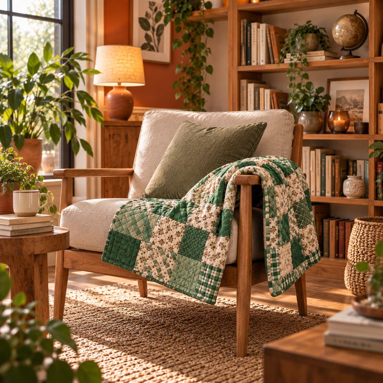 Couverture matelassée verte à motifs floraux et patchwork, délicatement posée sur un fauteuil en bois dans une bibliothèque aux teintes naturelles.