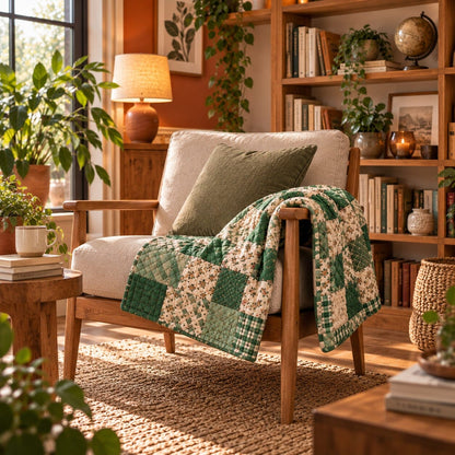 Couverture matelassée verte à motifs floraux et patchwork, délicatement posée sur un fauteuil en bois dans une bibliothèque aux teintes naturelles.