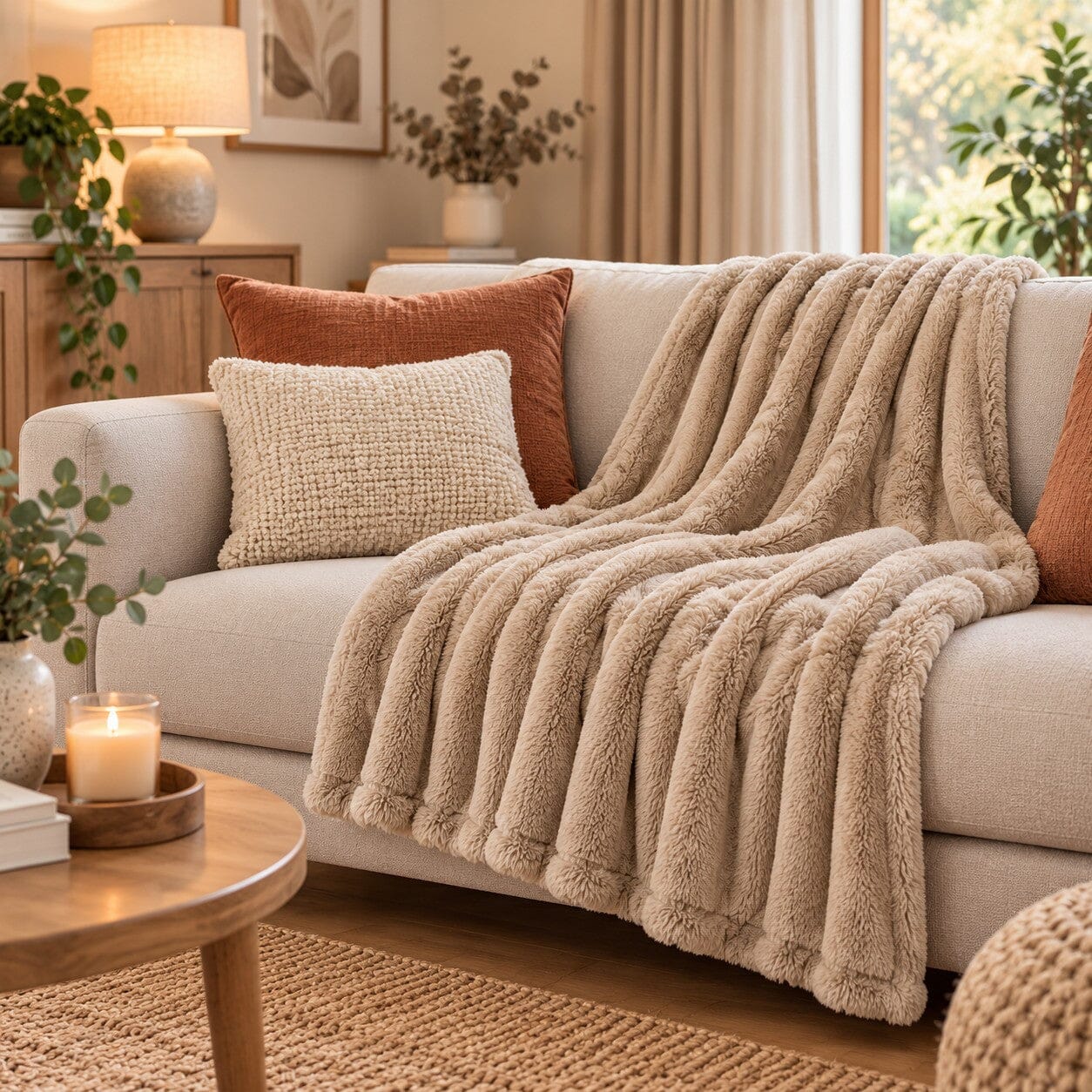 Couverture beige Parenthèse Douce 70x100 cm posée sur un canapé dans un salon chaleureux et naturel