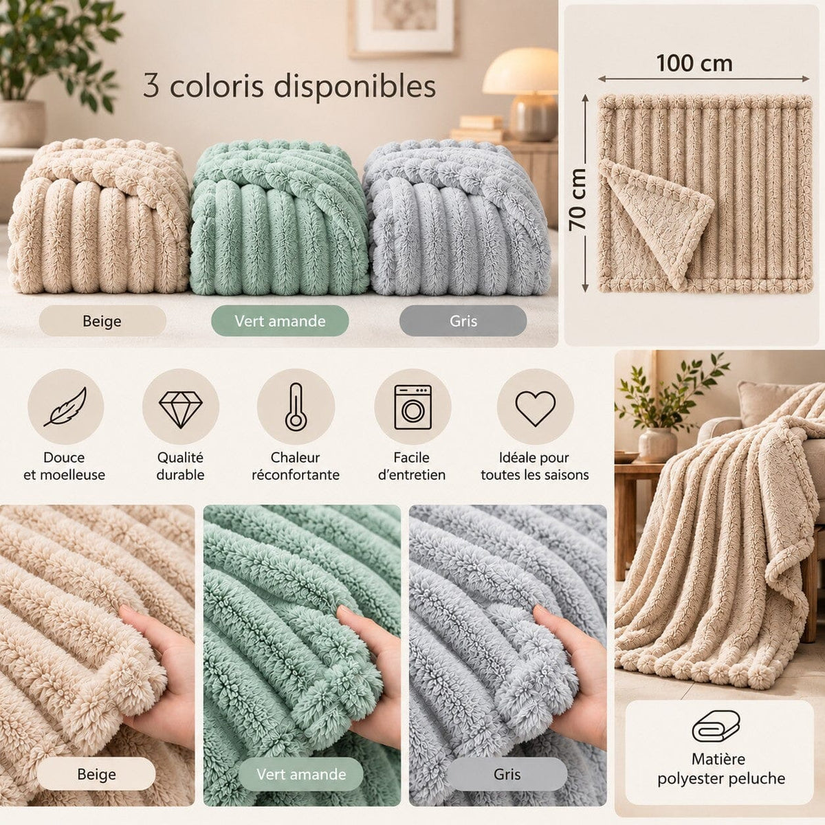 Couverture Parenthèse Douce en beige, vert amande et gris avec dimensions 100 x 70 cm et texture douce en polyester peluche