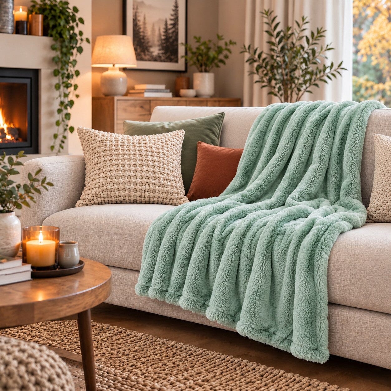 Couverture Parenthèse Douce vert amande en flanelle douce posée naturellement sur un canapé avec coussins terracotta et beige dans un salon chaleureux