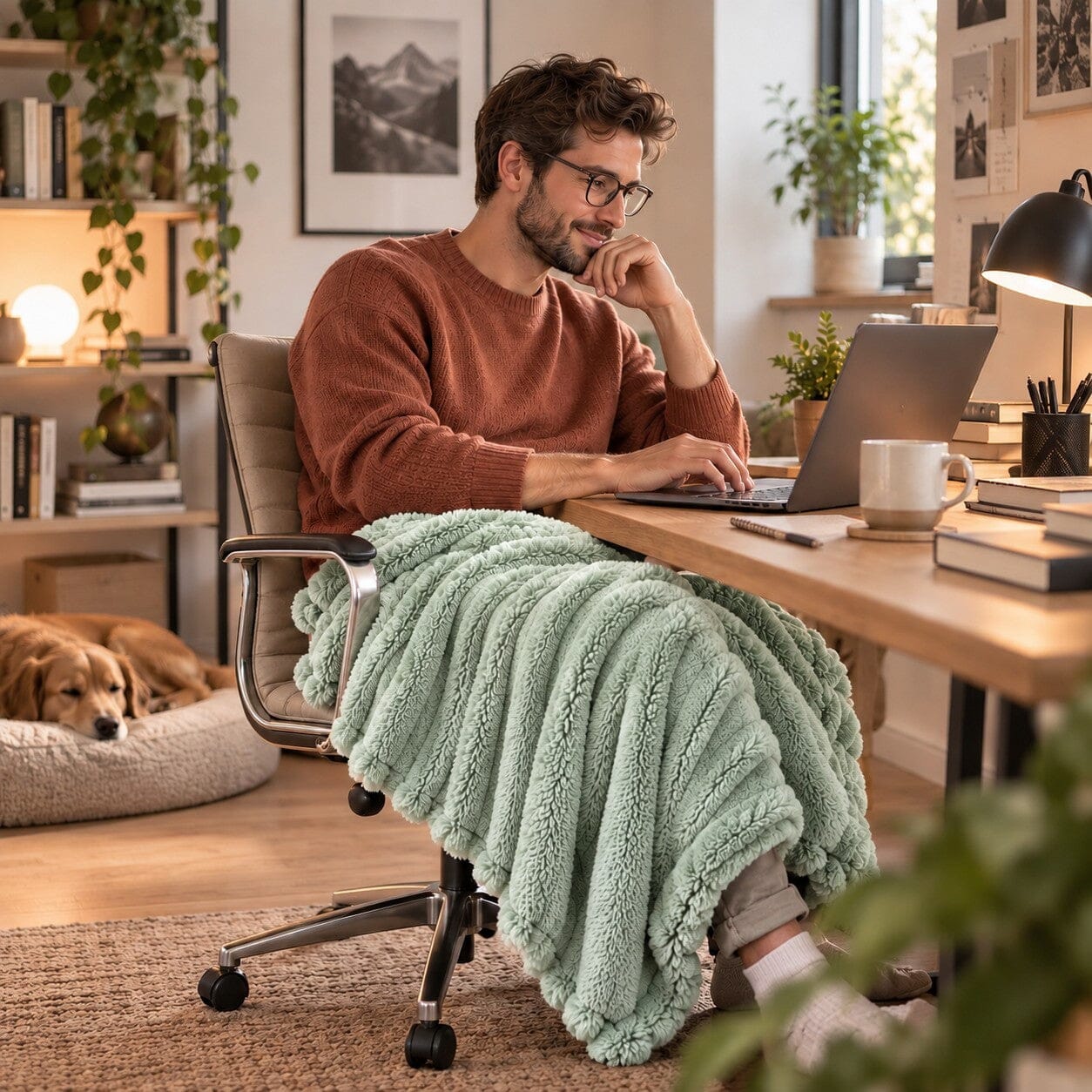 Couverture vert amande Parenthèse Douce posée sur les jambes d’un homme en télétravail dans un bureau chaleureux, avec un chien installé derrière lui