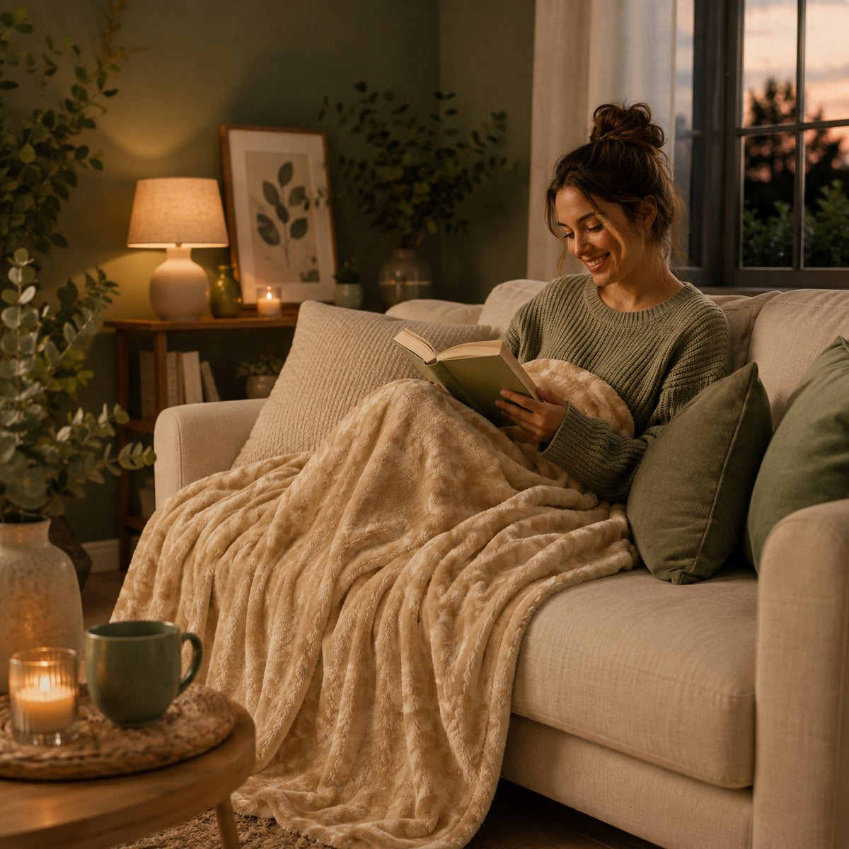 Couverture polaire beige Douce Étreinte 100x150 cm sur un canapé, avec une femme lisant dans un salon aux teintes vert sauge
