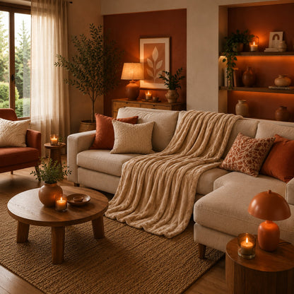 Couverture polaire beige Douce Étreinte sur un canapé dans un salon aux teintes terracotta et naturelles