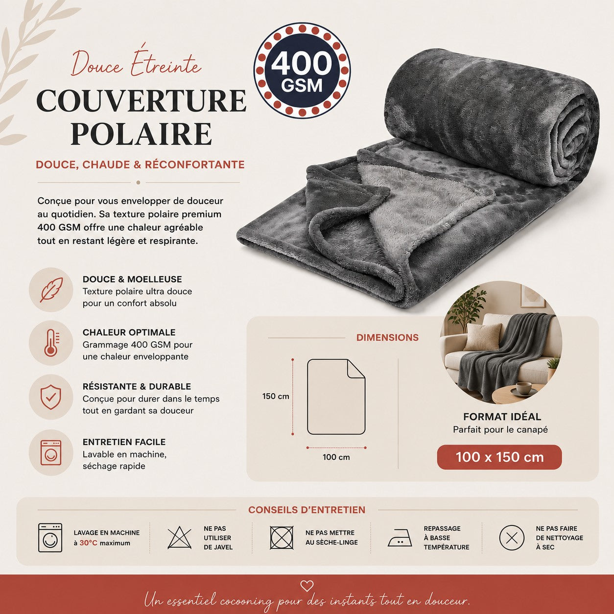 Fiche caractéristiques de la couverture polaire grise Douce Étreinte 100x150 cm avec douceur, chaleur 400 GSM et conseils d’entretien