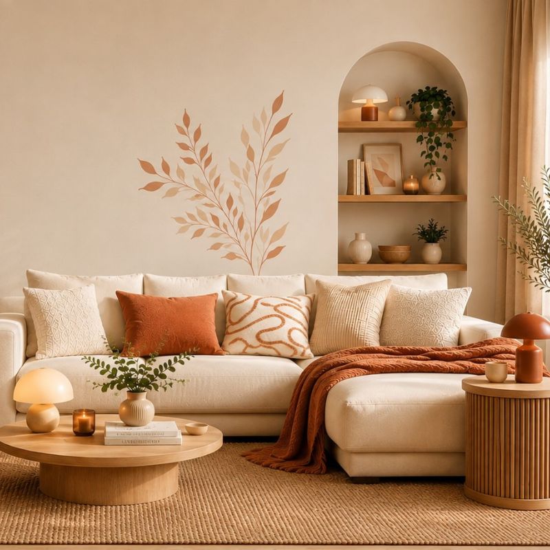 Décoration et ornements dans un salon cosy aux teintes naturelles banniere Déco Unique pour mobile
