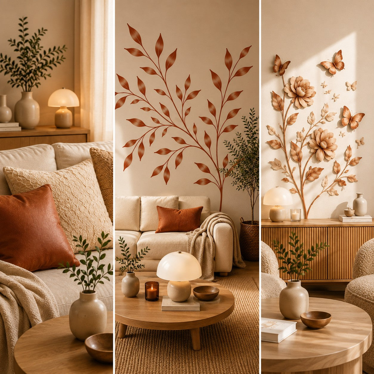 Décoration de salon chaleureuse avec coussins décoratifs, sticker mural végétal et lampe champignon dans un intérieur aux teintes naturelles.