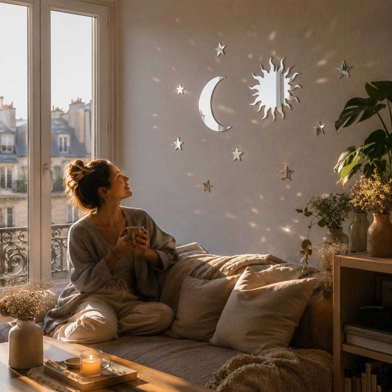 Éclat Céleste, stickers muraux miroir argentés dans un studio parisien lumineux