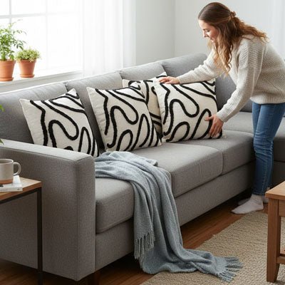 femme dispose housse de coussin noire sur canape gris