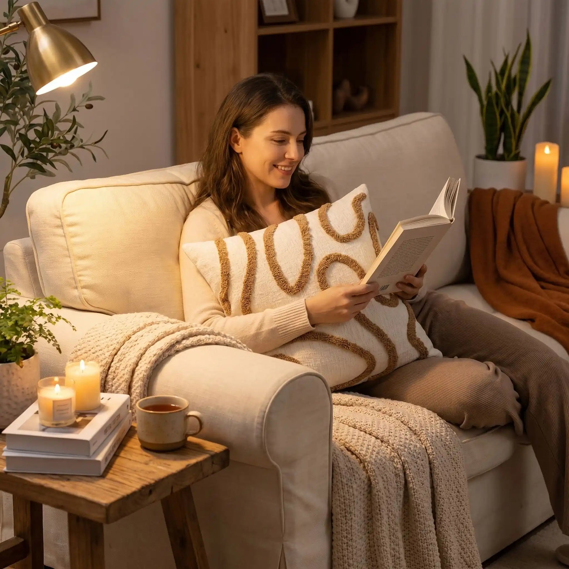 femme lit housse de coussin cafe dans les bras