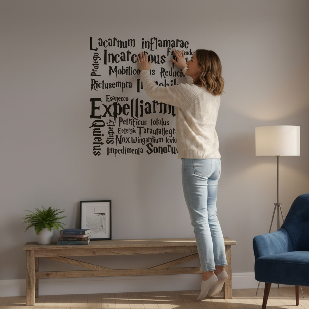 Femme posant un sticker mural Harry Potter