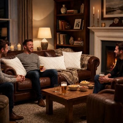 Housse coussin blanc crême matelassée sur un canapé en cuir lors d’une soirée entre amis

