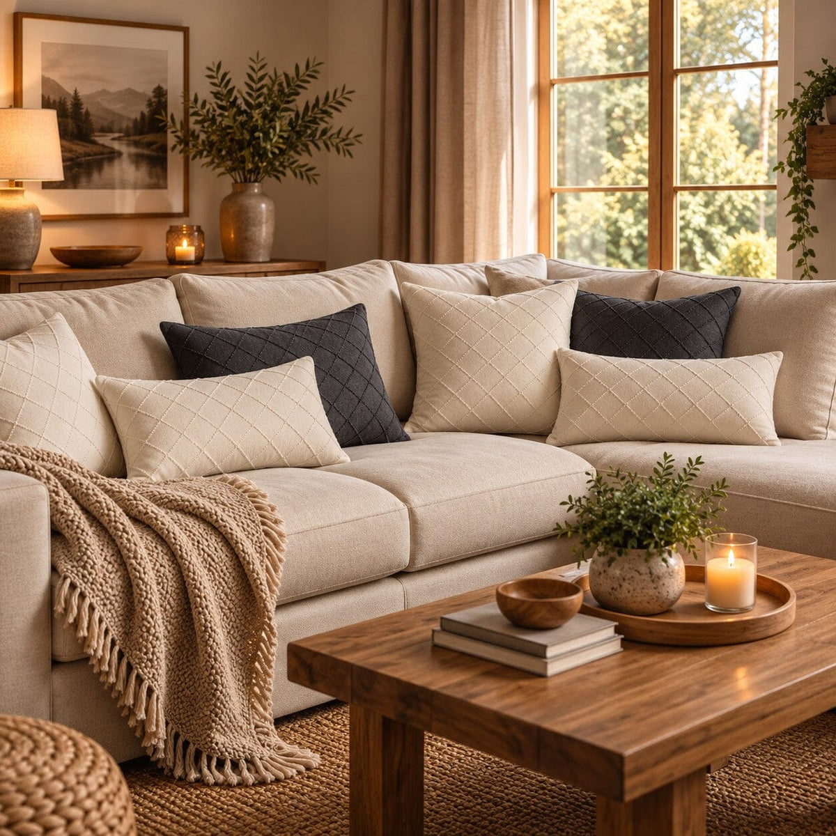 Housses coussin blanc crème et gris anthracite matelassées dans un salon cozy