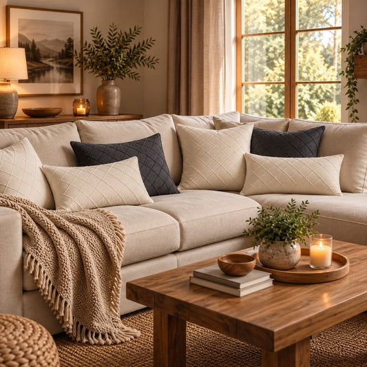 Housses coussin blanc crème et gris anthracite matelassées dans un salon cozy
