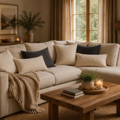 Housses coussin blanc crème et gris anthracite matelassées dans un salon cozy
