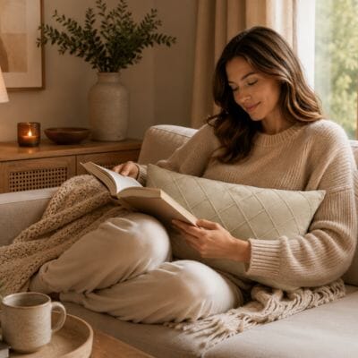 Housse coussin blanc crème rectangulaire matelassée sur un canapé, femme lisant